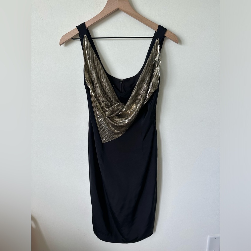 Kay Unger sleeveless black sheath dress with gold mesh front size 2